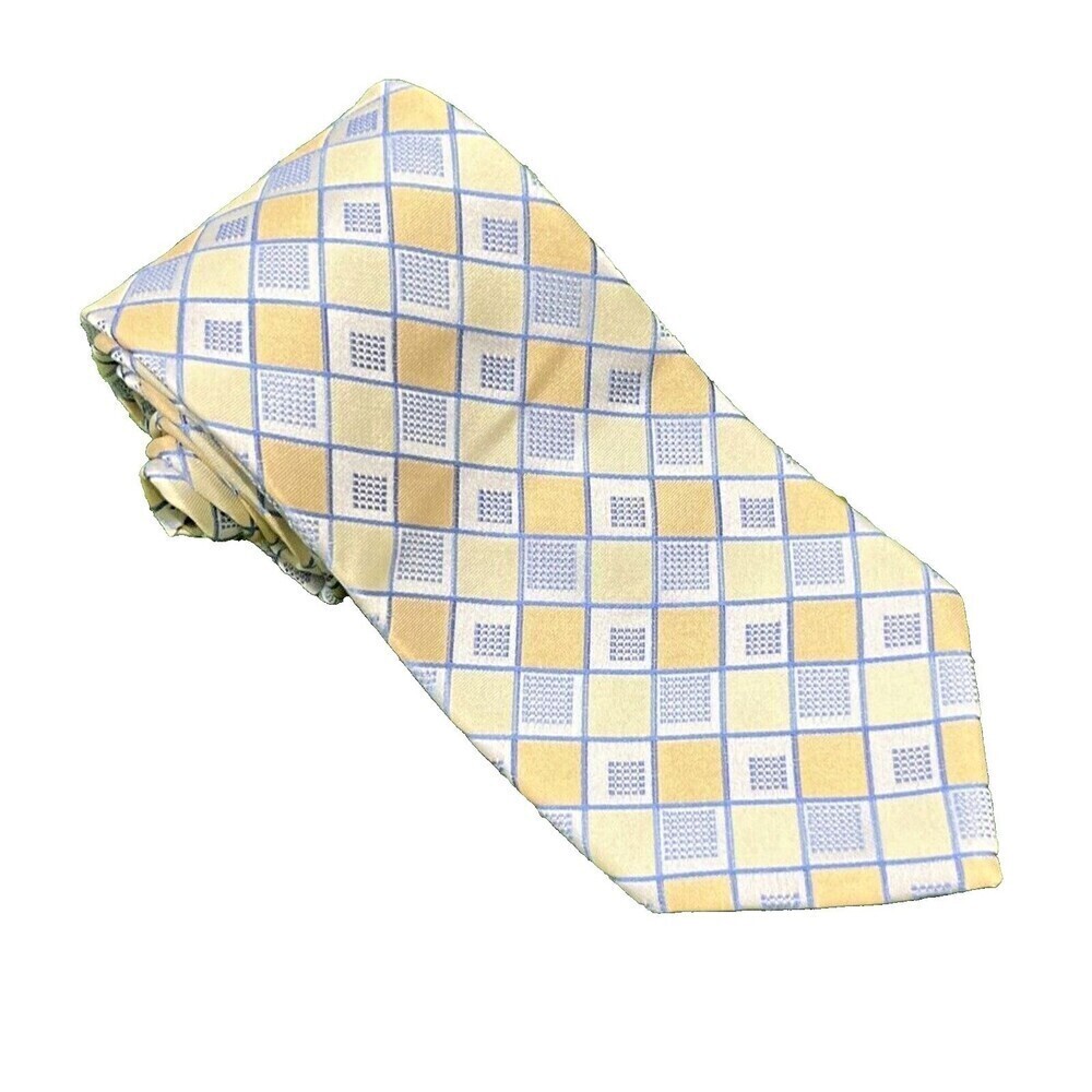 MICHAEL KORS Necktie Mens Silk Tie Yellow Blue Squares Geometric Silk 58"